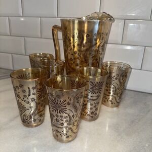 VtgJeanette Marigold Carnival Glass Cosmos Pitcher /6 Glasses 1950's MCMGW0051